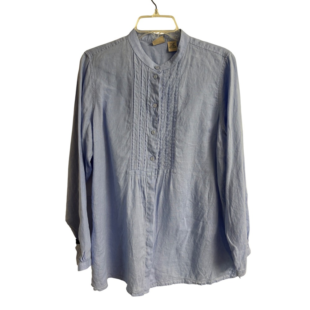 LL Bean Womens Blue 100% Linen Pintuck Pleated Band Collar Tunic Top Large L-REG